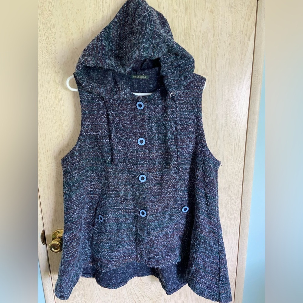 For Cynthia Vest Womens Wool Blend Blue confetti Button Front Hooded Large